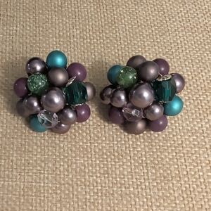 vintage Japan cluster clip-on earrings with purple, teal, and green beads